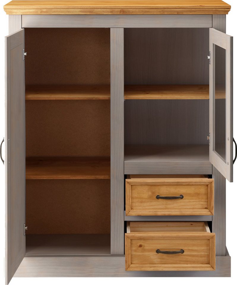 OTTO home Highboard Selma Vitrine mit 2 Türen, eine davon mit Glaseinsatz und 2 Schubläden, aus massivem Kiefernholz, mit einer natürliche Maserung, Metallgriff – Bild 5 von 5