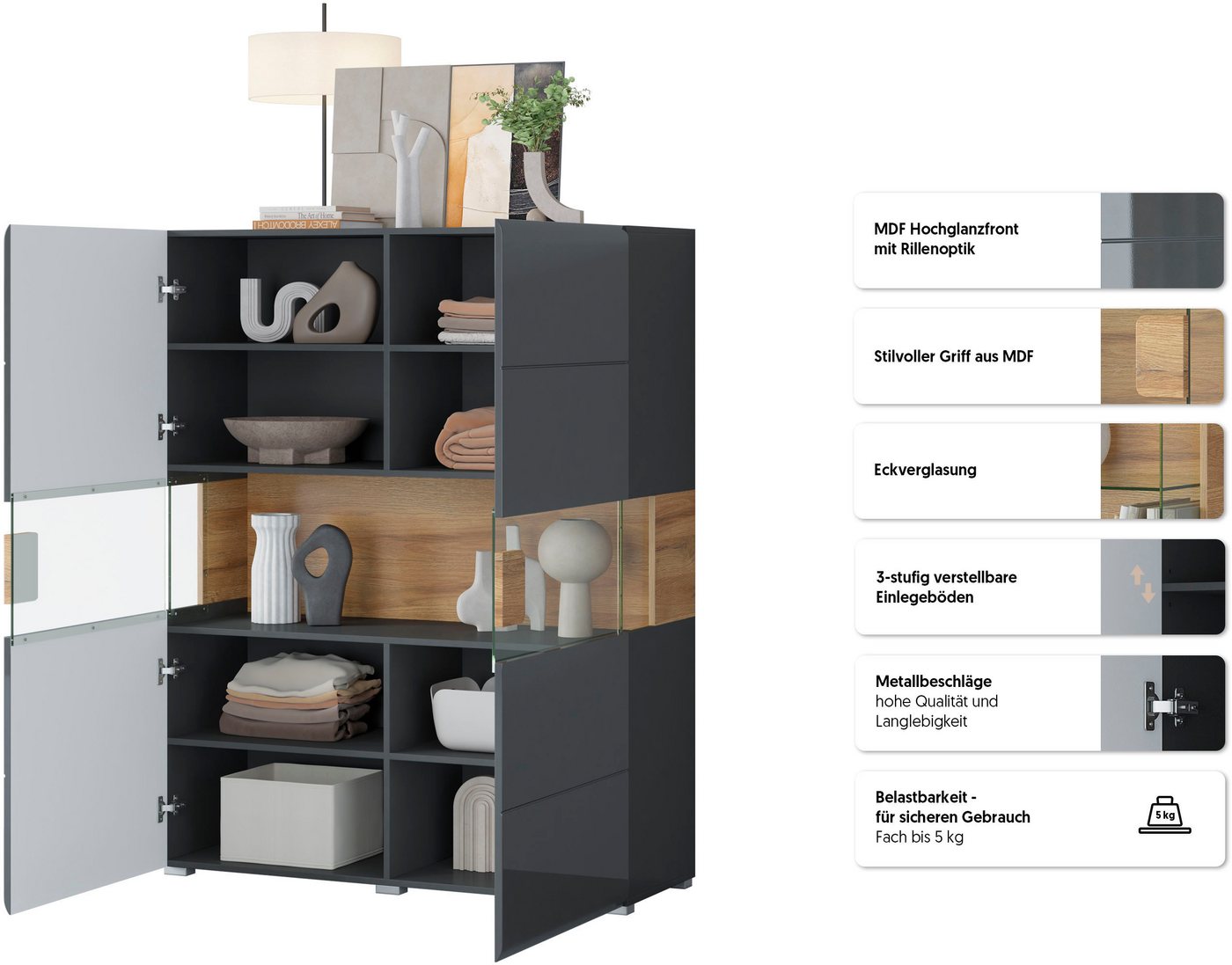 OTTO home Highboard Toledo,Breite 121,5 cm, trendige Hochkommode mit 2 Türen, Hochschrank mit Glas-Partien,stylische Hochglanzfronten – Bild 3 von 5