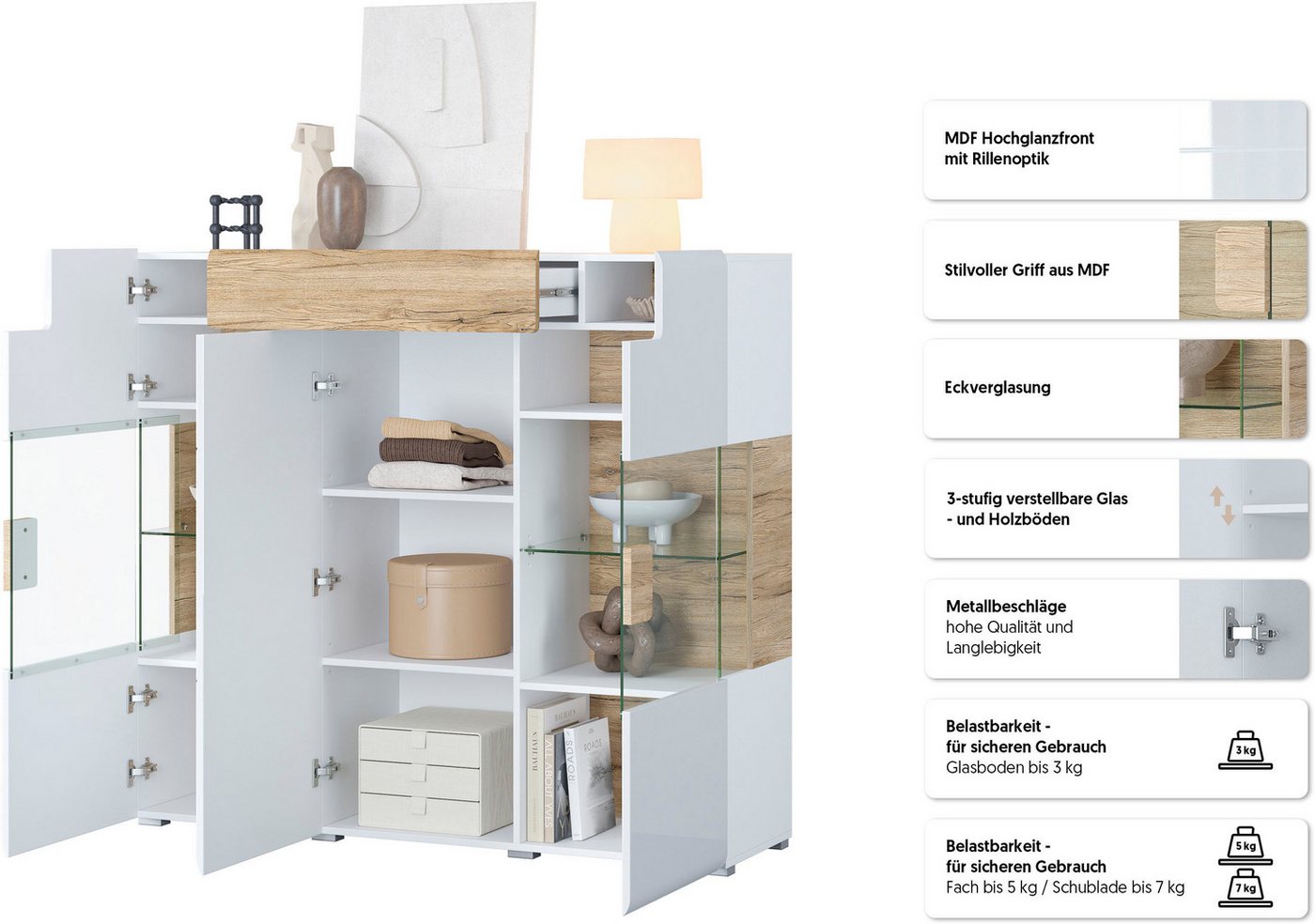 OTTO home Highboard Toledo,Breite 147,5cm,trendige Hochkommode mit 3Türen und Schublade, Hochschrank mit Glas-Partien,stylische Hochglanzfronten – Bild 3 von 5