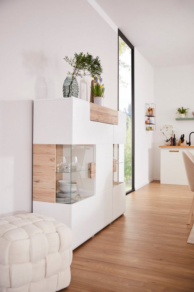 OTTO home Highboard Toledo,Breite 147,5cm,trendige Hochkommode mit 3Türen und Schublade, Hochschrank mit Glas-Partien,stylische Hochglanzfronten – Bild 4 von 5