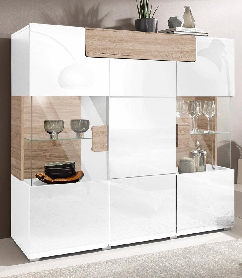 OTTO home Highboard Toledo,Breite 147,5cm,trendige Hochkommode mit 3Türen und Schublade, Hochschrank mit Glas-Partien,stylische Hochglanzfronten – Bild 5 von 5