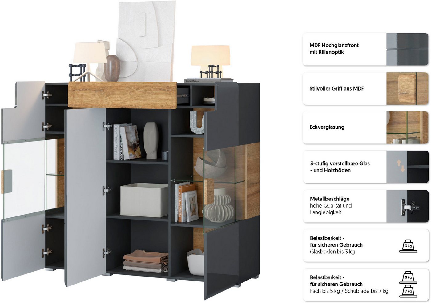 OTTO home Highboard Toledo,Breite 147,5cm,trendige Hochkommode mit 3Türen und Schublade, Hochschrank mit Glas-Partien,stylische Hochglanzfronten – Bild 3 von 5