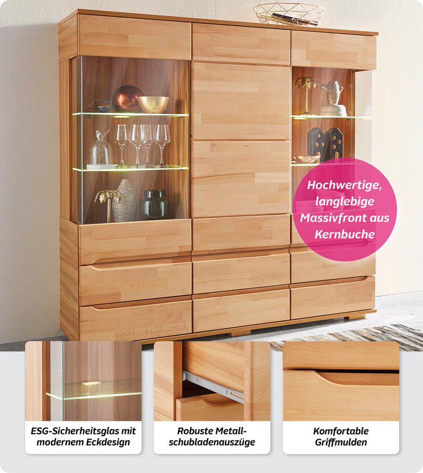 OTTO home Highboard Vetro,150cm breit,40 cm tief,Fronten Massivholz,9 Fächer, Kernbuche massiv, Holzwerkstoff, 3Türen,6 Schubladen, Griffmulden – Bild 3 von 5