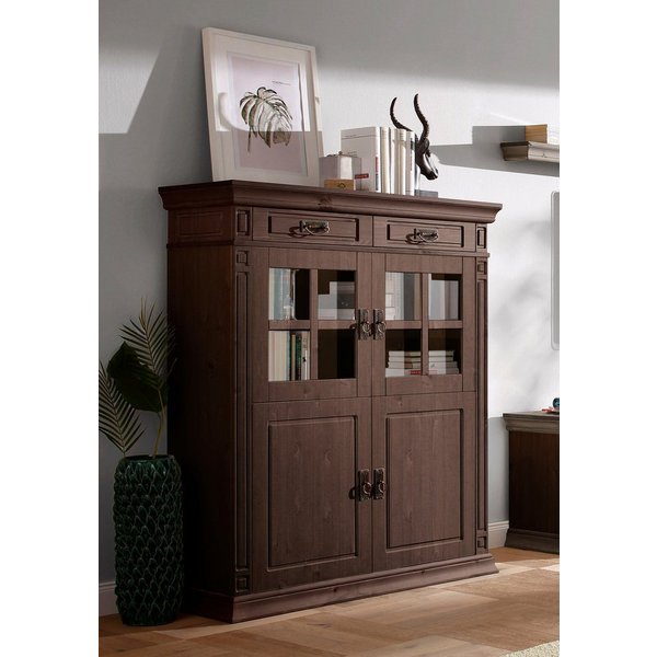 OTTO home Highboard Vinales, 2 Schubladen, 4 Türen, 3 Einlegeböden, Griffe im Jugendstil (B/T/H:112/39/130 cm), Vitrine, Messinggriffe im Jugendstil