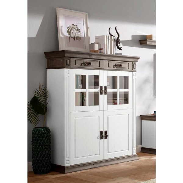 OTTO home Highboard Vinales, 2 Schubladen, 4 Türen, 3 Einlegeböden, Griffe im Jugendstil (B/T/H:112/39/130 cm), Vitrine, Breite 112 cm, aus massiver Kiefer, FSC