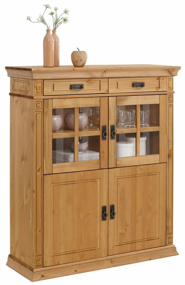 OTTO home Highboard Vinales, 2 Schubladen, 4 Türen, 3 Einlegeböden, Griffe im Jugendstil (B/T/H:112/39/130 cm), Vitrine, Messinggriffe im Jugendstil, Kiefer, FS – Bild 2 von 5