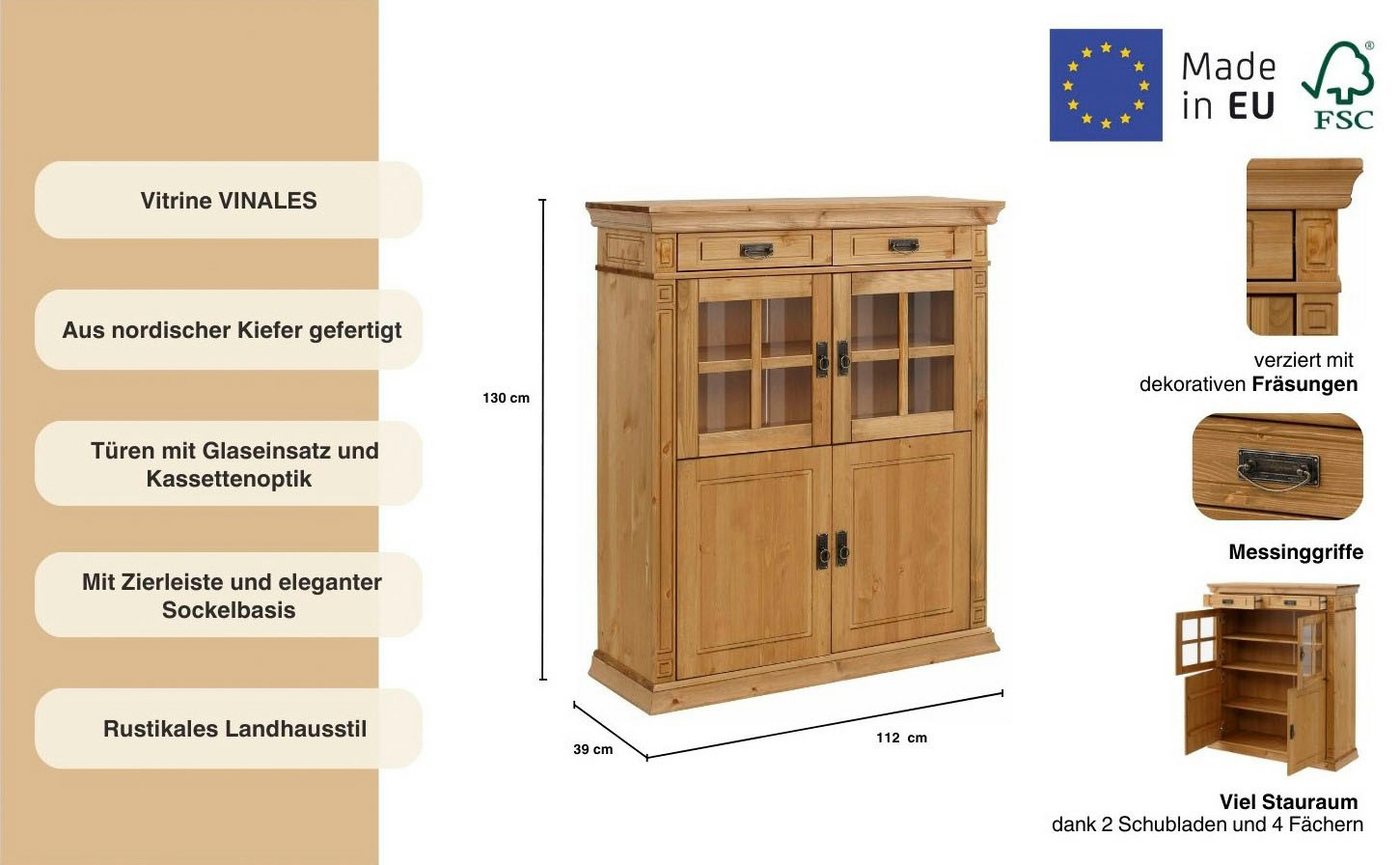 OTTO home Highboard Vinales, 2 Schubladen, 4 Türen, 3 Einlegeböden, Griffe im Jugendstil (B/T/H:112/39/130 cm), Vitrine, Messinggriffe im Jugendstil, Kiefer, FS – Bild 3 von 5