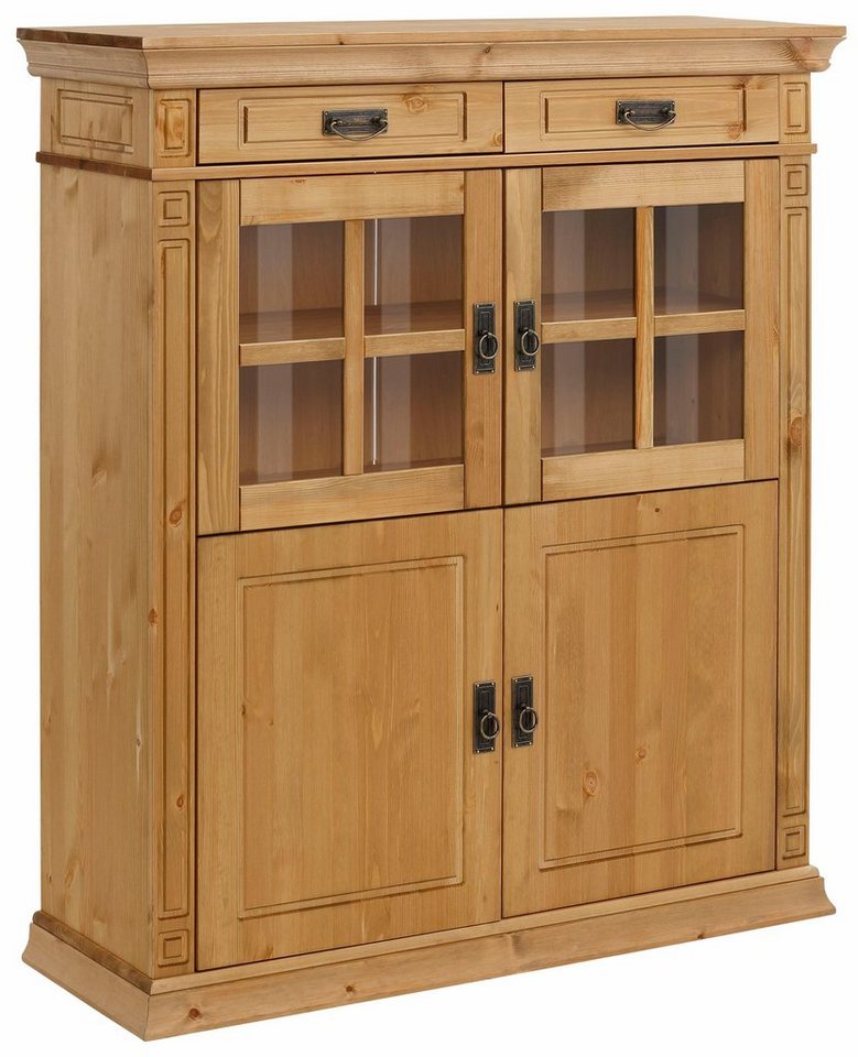 OTTO home Highboard Vinales, 2 Schubladen, 4 Türen, 3 Einlegeböden, Griffe im Jugendstil (B/T/H:112/39/130 cm), Vitrine, Messinggriffe im Jugendstil, Kiefer, FS – Bild 4 von 5