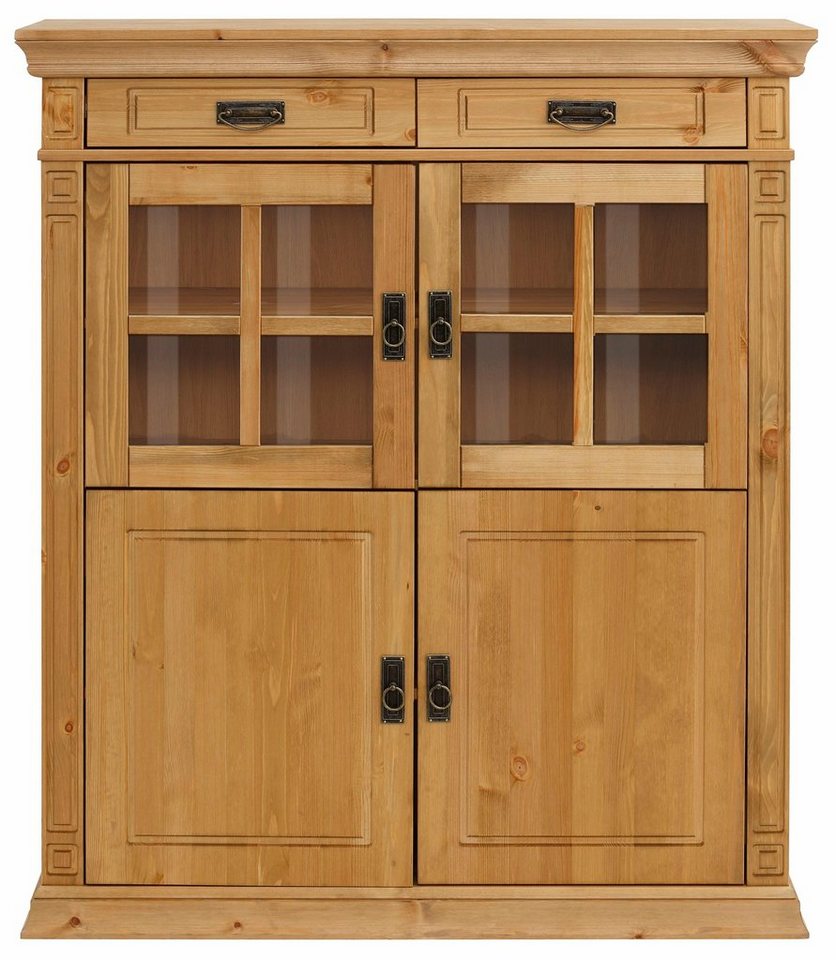 OTTO home Highboard Vinales, 2 Schubladen, 4 Türen, 3 Einlegeböden, Griffe im Jugendstil (B/T/H:112/39/130 cm), Vitrine, Messinggriffe im Jugendstil, Kiefer, FS – Bild 5 von 5