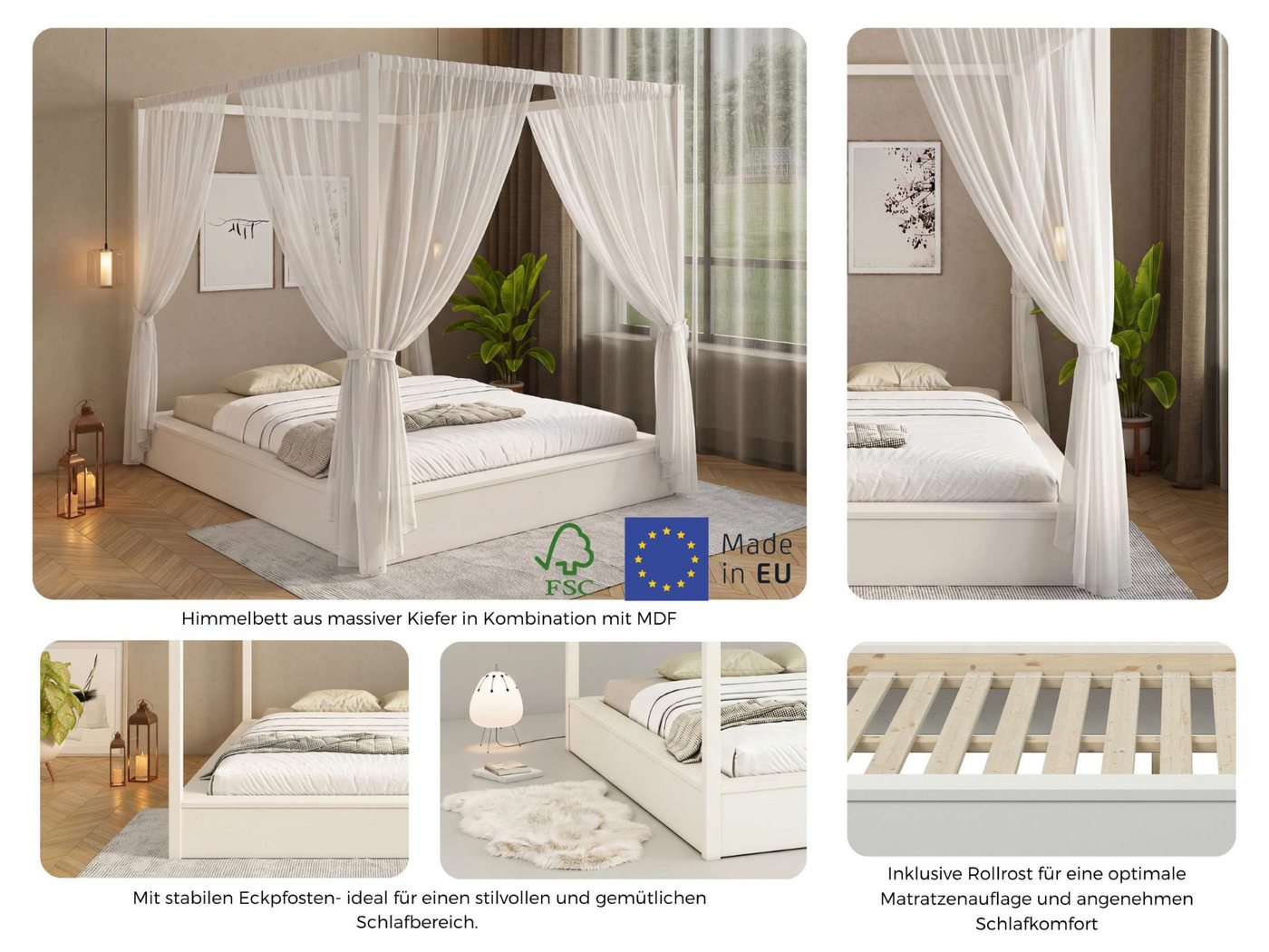 OTTO home Himmelbett Usella, Bett, Bettgestell, hohe Belastbarkeit bis 180 kg (B/T/H: 189/229,1/200 cm), aus massiver Kiefer in Kombination mit MDF, inklusive L – Bild 4 von 5