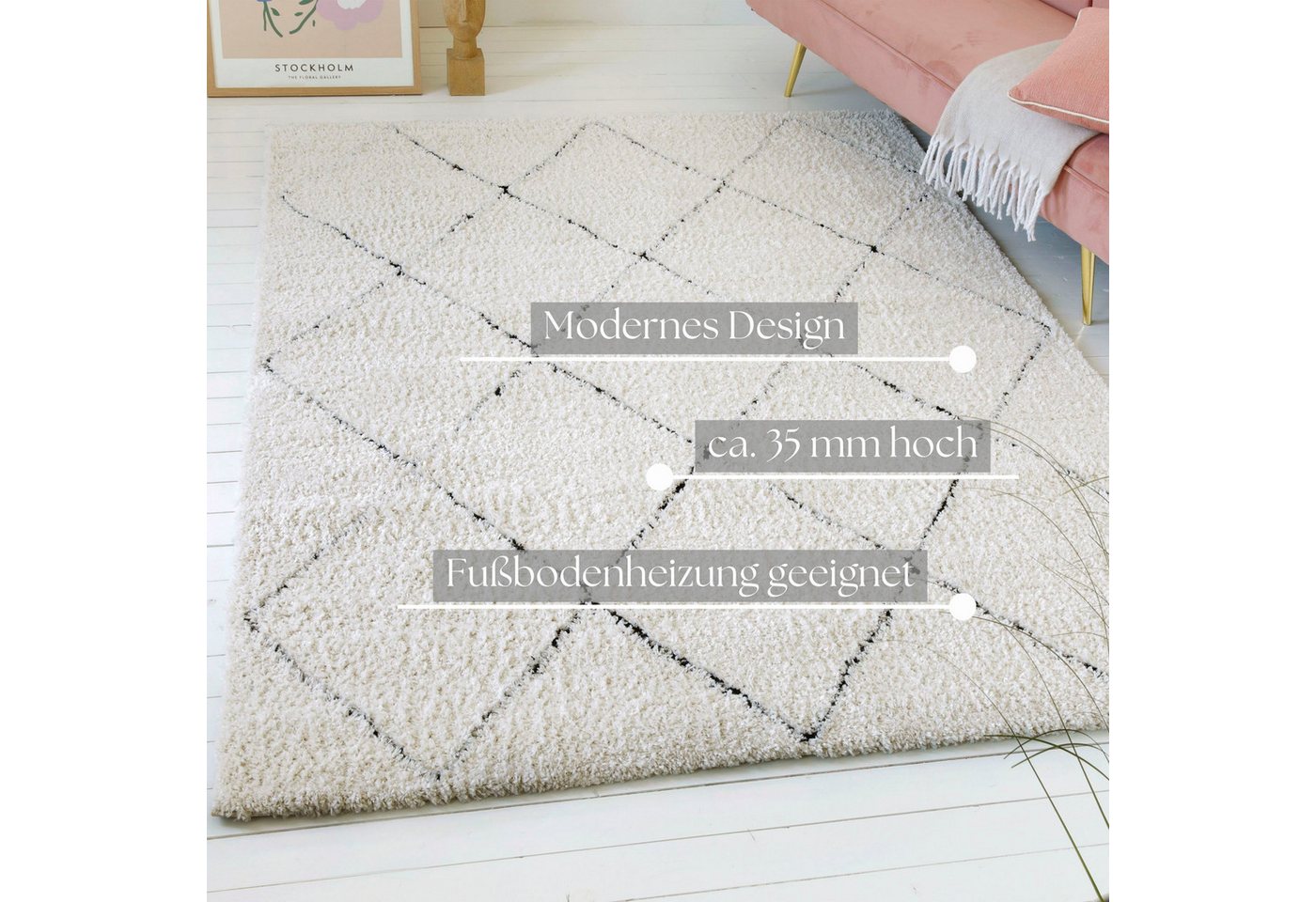 OTTO home Hochflor-Teppich Aveline, auch als Läufer erhältlich, rechteckig, Höhe: 35 mm, Langflor, Shaggy im Berber Stil, geometrisch, Raute, Wohnzimmer – Bild 4 von 5