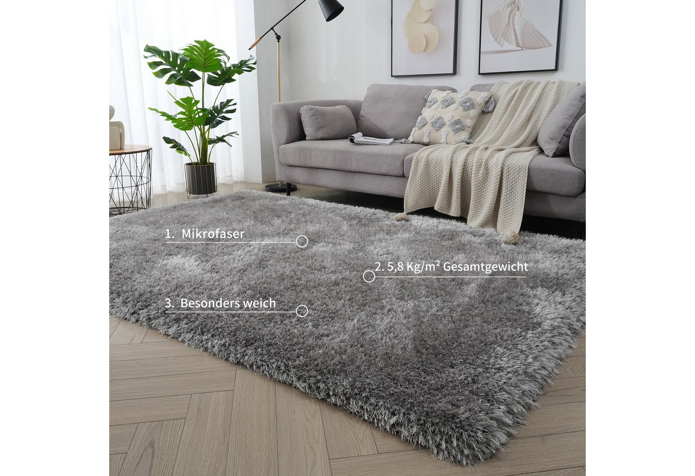 OTTO home Hochflor-Teppich Micro exclusiv Teppich, sehr hoher Flor, weich durch Mikrofaser, rechteckig, Höhe: 78 mm, sehr weich, flauschig, uni, Wohnzimmer, Sch – Bild 4 von 5