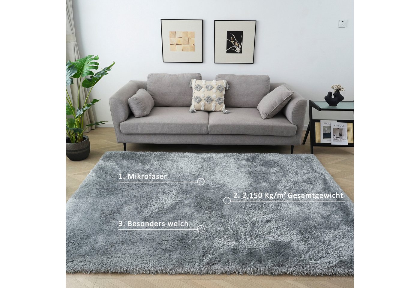 OTTO home Hochflor-Teppich Micro Shaggy, aus weicher Mikrofaser, rechteckig, Höhe: 53 mm, weich, flauschig, Uni-Farben, Wohnzimmer, Schlafzimmer, Kinderzimmer – Bild 3 von 5