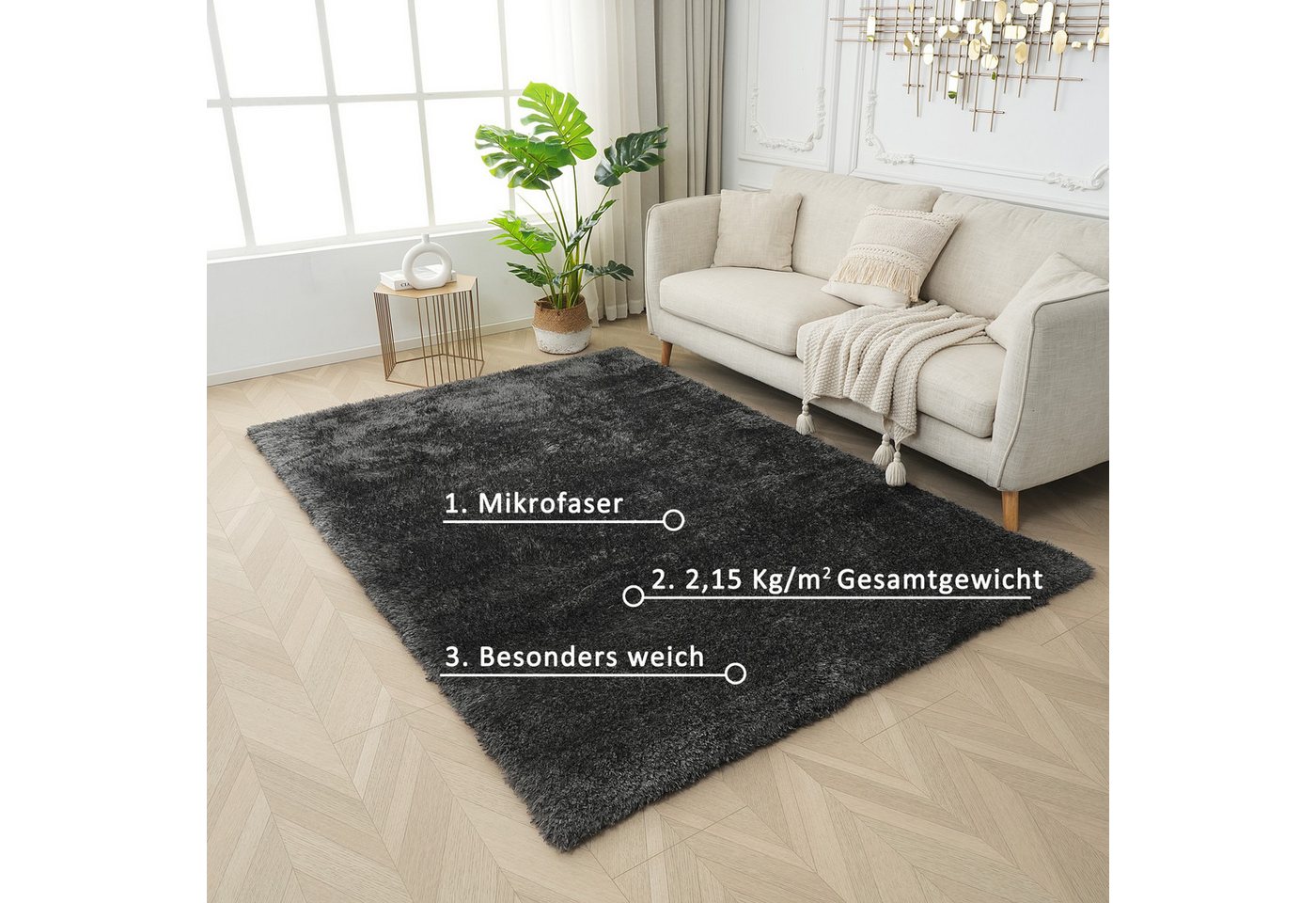 OTTO home Hochflor-Teppich Micro Shaggy, aus weicher Mikrofaser, rechteckig, Höhe: 53 mm, weich, flauschig, Uni-Farben, Wohnzimmer, Schlafzimmer, Kinderzimmer – Bild 3 von 5