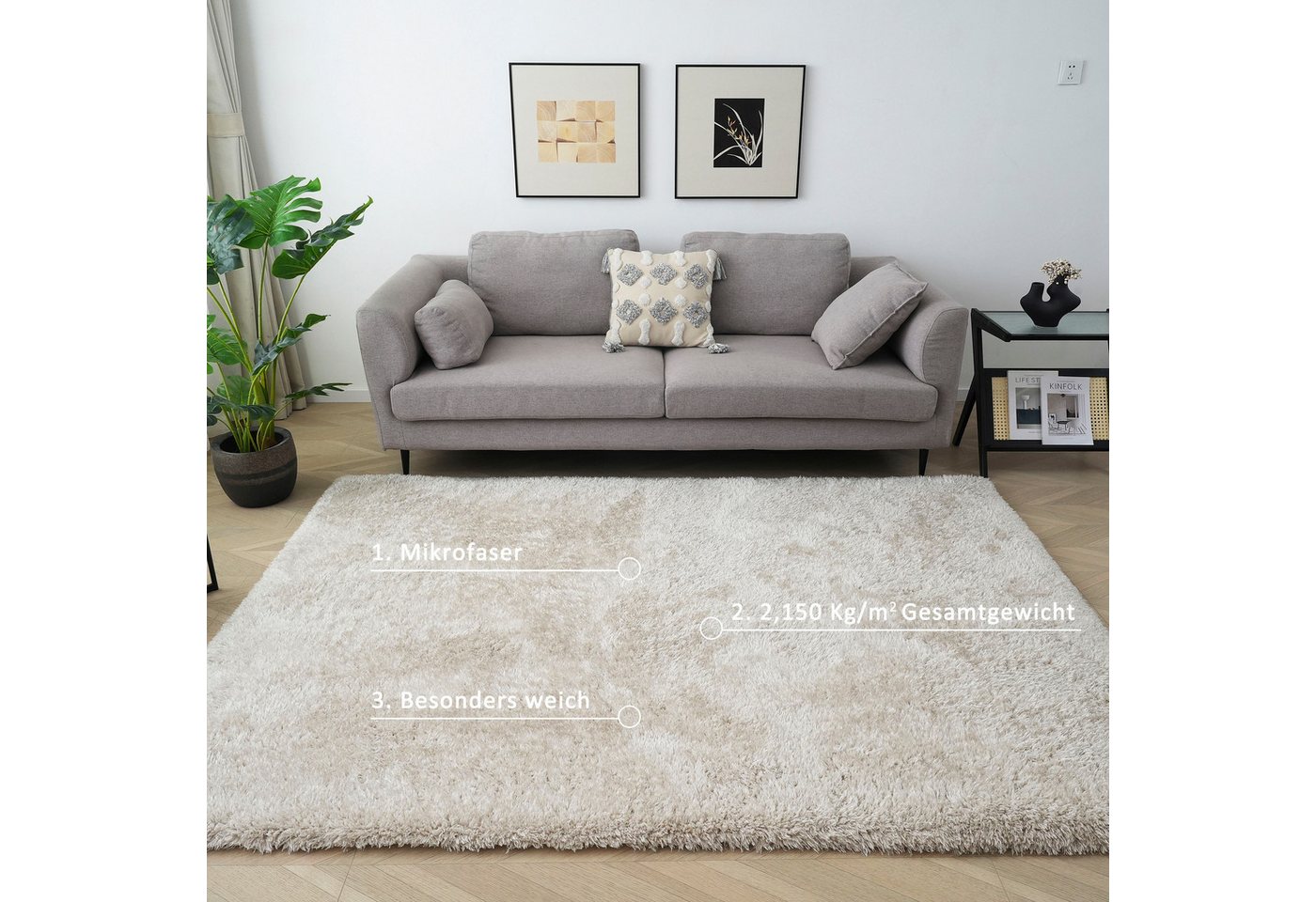 OTTO home Hochflor-Teppich Micro Shaggy, aus weicher Mikrofaser, rechteckig, Höhe: 53 mm, weich, flauschig, Uni-Farben, Wohnzimmer, Schlafzimmer, Kinderzimmer – Bild 3 von 5