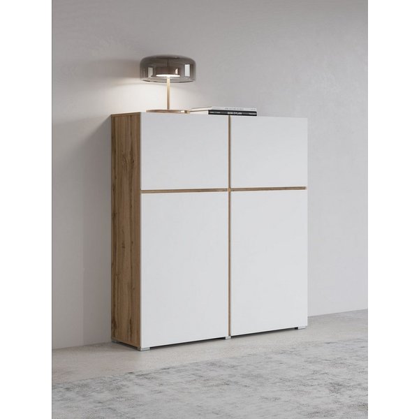 OTTO home Hochkommode Cross,Breite 119,5 cm, moderne grifflose Hochkommode mit 4 Türen, Hochschrank, Höhe 139 cm mit viel Stauraum, Einlegeböden verstellbar