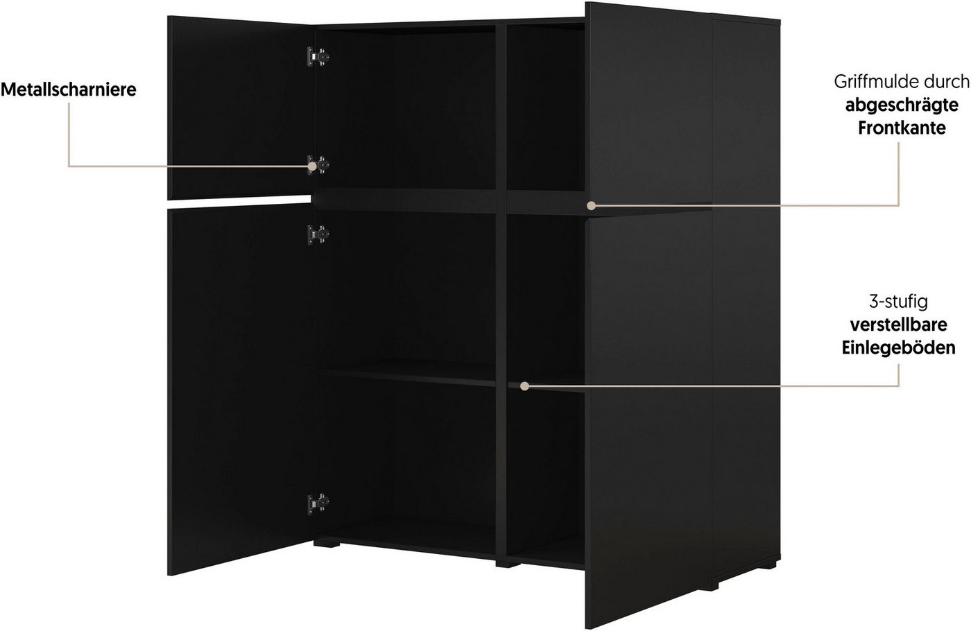 OTTO home Hochkommode Cross,Breite 119,5 cm, moderne grifflose Hochkommode mit 4 Türen, Hochschrank, Höhe 139 cm mit viel Stauraum, Einlegeböden verstellbar – Bild 3 von 5