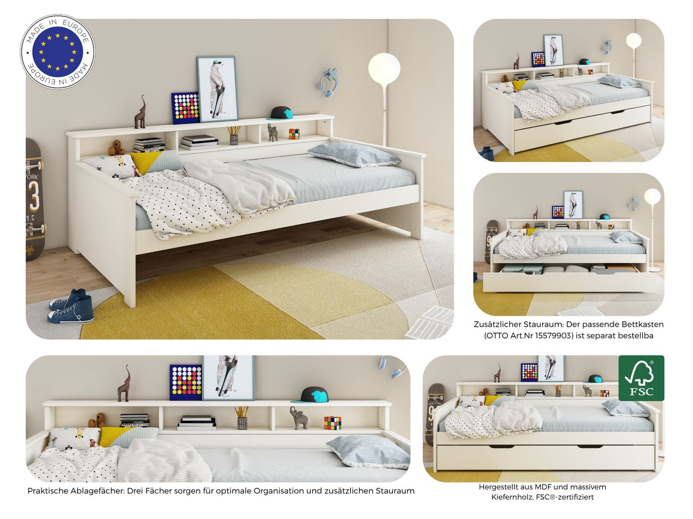 OTTO home Jugendbett KERO, Daybed, Stauraumbett, platzsparend, Stauraum, 90x200cm, zertifiziertes Massivholz, mit Ablagefächern, Schublade optional – Bild 3 von 5