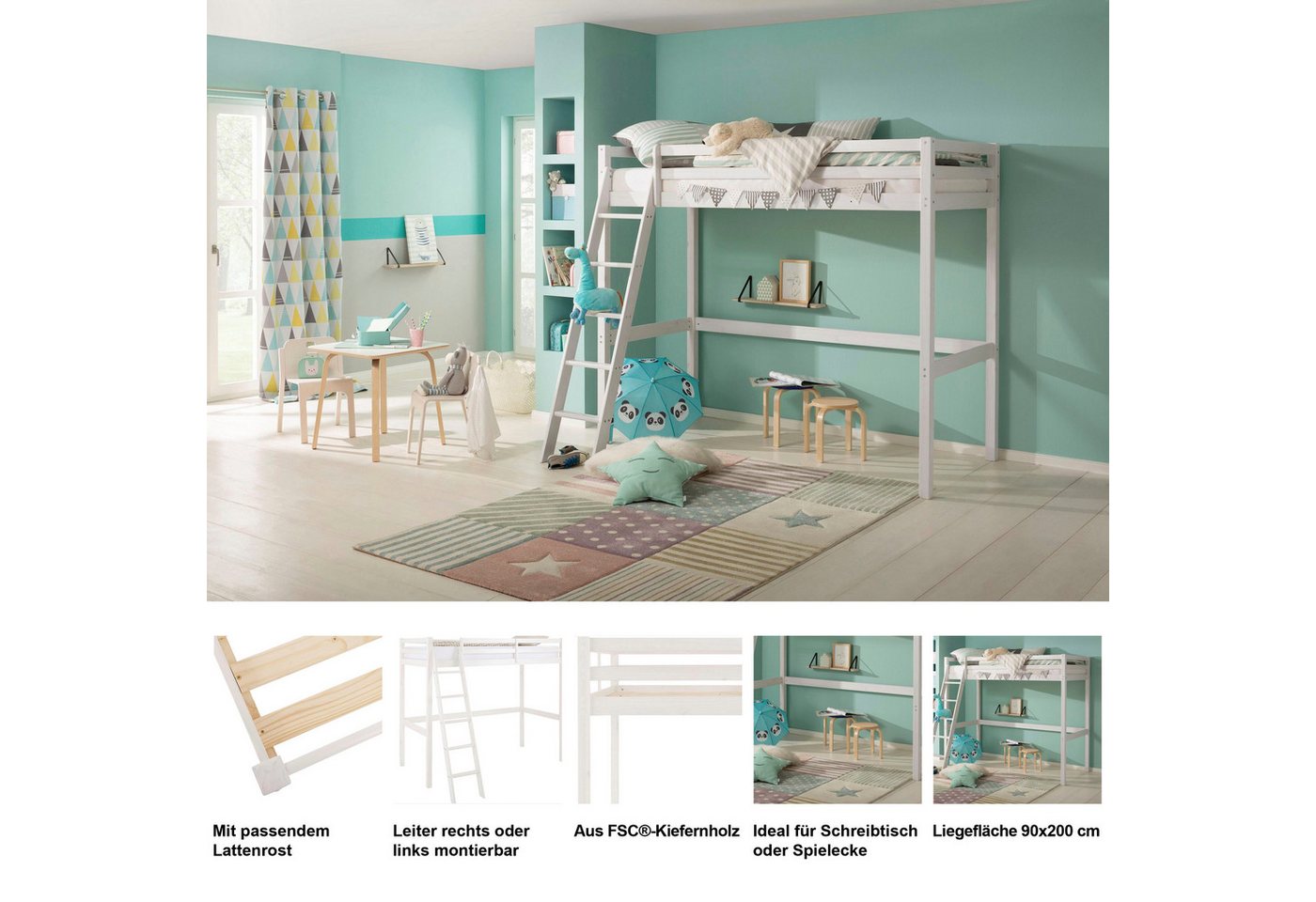 OTTO home Kinderbett Alpi, Leiter links oder rechts montierbar, Hochbett, Kiefernholz, Inklusive Leiter und Lattenrost, Liegefläche 90x200 cm – Bild 3 von 5