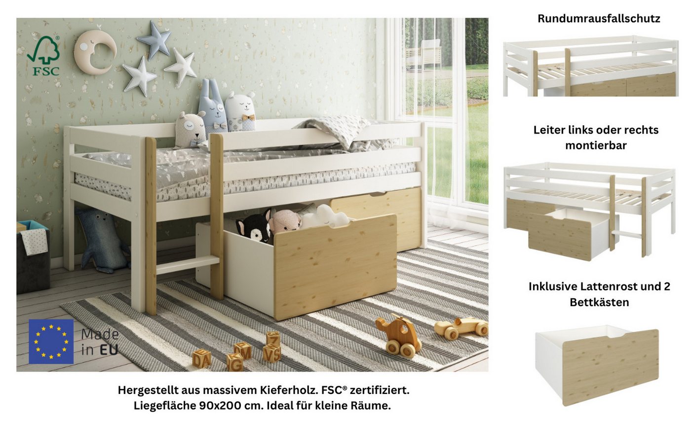 OTTO home Kinderbett Tide, maximaler Stauraum durch Schubkästen, Massivholz (4-tlg., Kinderbett inklusive Lattenrost und 2 Bettkästen), Hochbett mit Rausfallsch – Bild 3 von 5