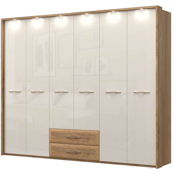 OTTO home Kleiderschrank Gala, beige hochglänzend UV lackiert, kratzfest, FSC-zertifiziert (abgerundete Schubladen aus MDF im Holzdekor, soft-close) mit Beleuch