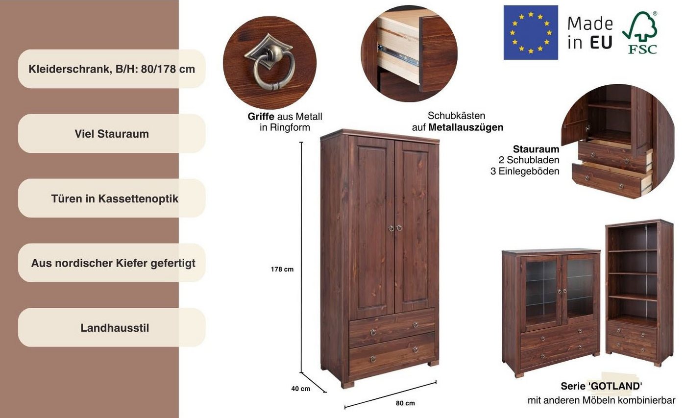 OTTO home Kleiderschrank Gotland, Wäscheschrank, Mehrzweckschrank mit Schubladen, Landhausstil (B/H/T ca: 80cmx178cmx40cm) massive Kiefer, FSC® zertifiziert, la – Bild 3 von 5