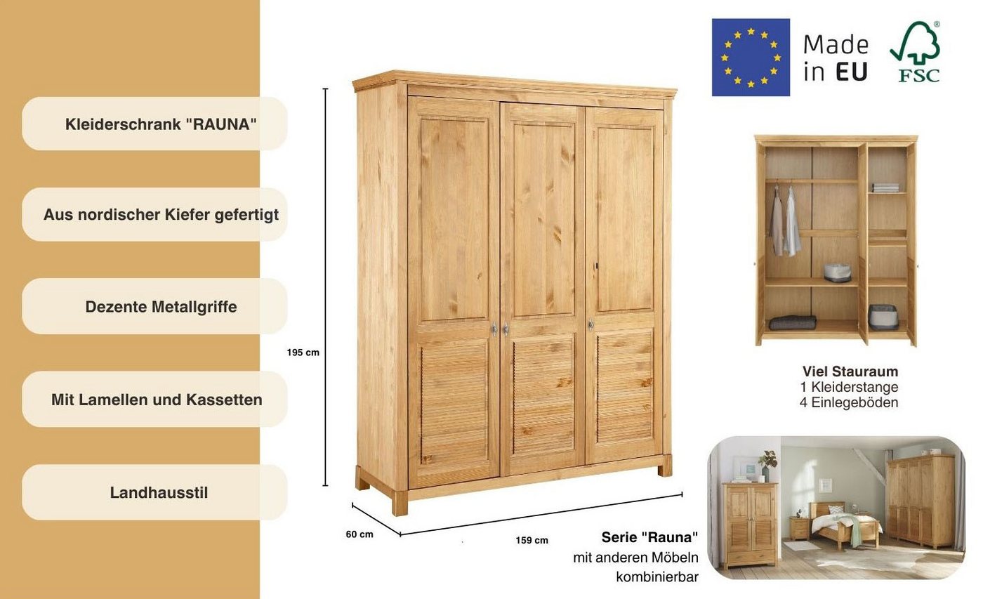 OTTO home Kleiderschrank Rauna, mit Lamellen und Kassetten, klassischer Landhausstil, rustikal (2 Breiten: 113/159 cm H/T ca. 195/60 cm) massive Kiefer, Metallg – Bild 3 von 5