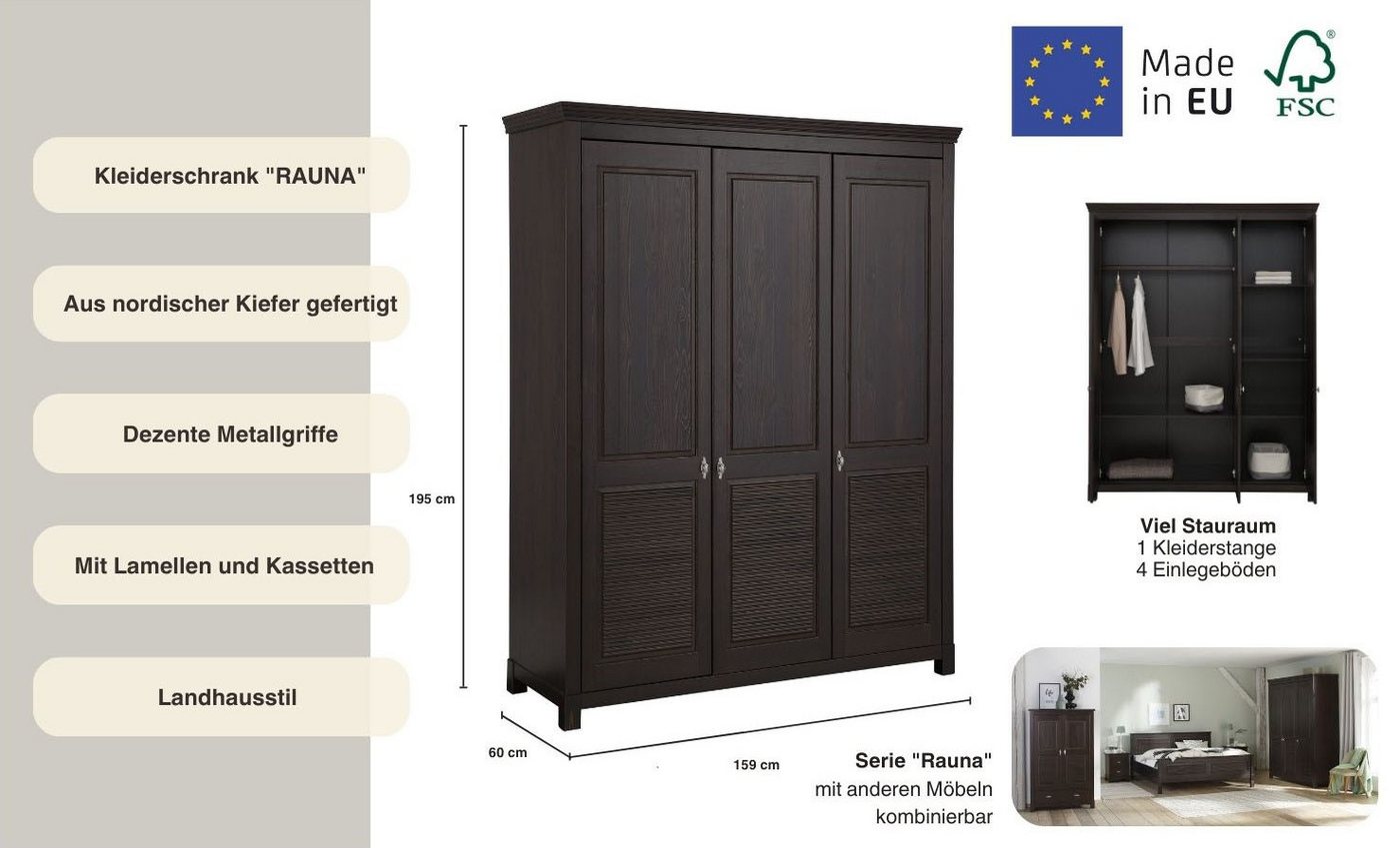 OTTO home Kleiderschrank Rauna, mit Lamellen und Kassetten, klassischer Landhausstil, rustikal (2 Breiten: 113/159 cm H/T ca. 195/60 cm) massive Kiefer, Metallg – Bild 3 von 5
