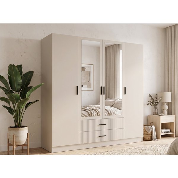 OTTO home Kleiderschrank TERRIK, modern mit viel Stauraum & geriffelter Struktur, Spiegel (B/H/T ca. 200/200/60) Schrank mit 11 Fächern, Kleiderstange, 2 Schubl