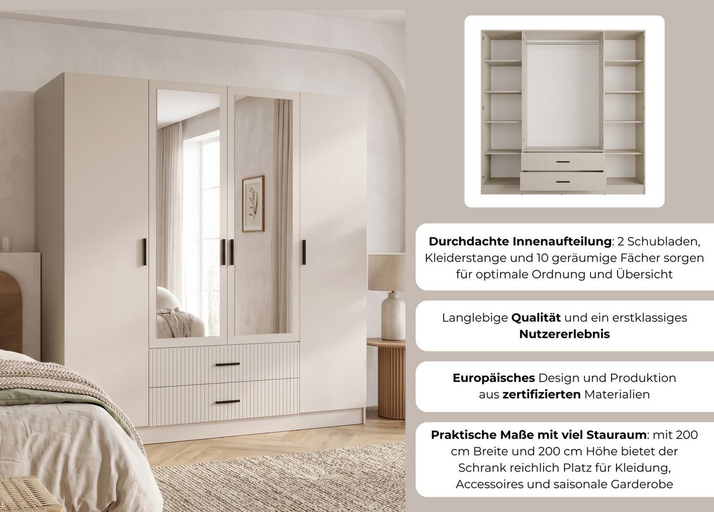 OTTO home Kleiderschrank TERRIK, modern mit viel Stauraum & geriffelter Struktur, Spiegel (B/H/T ca. 200/200/60) Schrank mit 11 Fächern, Kleiderstange, 2 Schubl – Bild 3 von 5