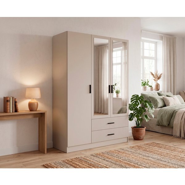 OTTO home Kleiderschrank TERRIK, modern mit viel Stauraum & geriffelter Struktur, Spiegel (B/H/T ca. 150/200/60 cm) Garderobe mit 6 Fächern, Kleiderstange, 2 Sc