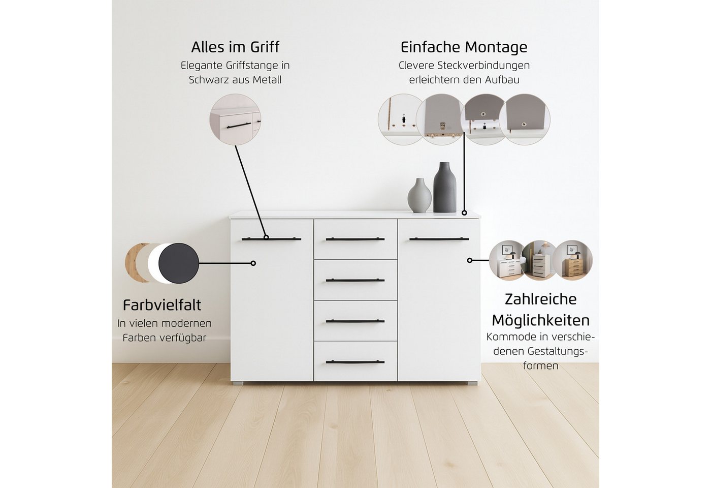 OTTO home Kombikommode Highboard Sideboard Schubladenkommode Kommode Schlafzimmer AVOLA (Breite 120 cm inkl. SOFT-CLOSE-FUNKTION mit Dekorfront), vier große Sch – Bild 4 von 5