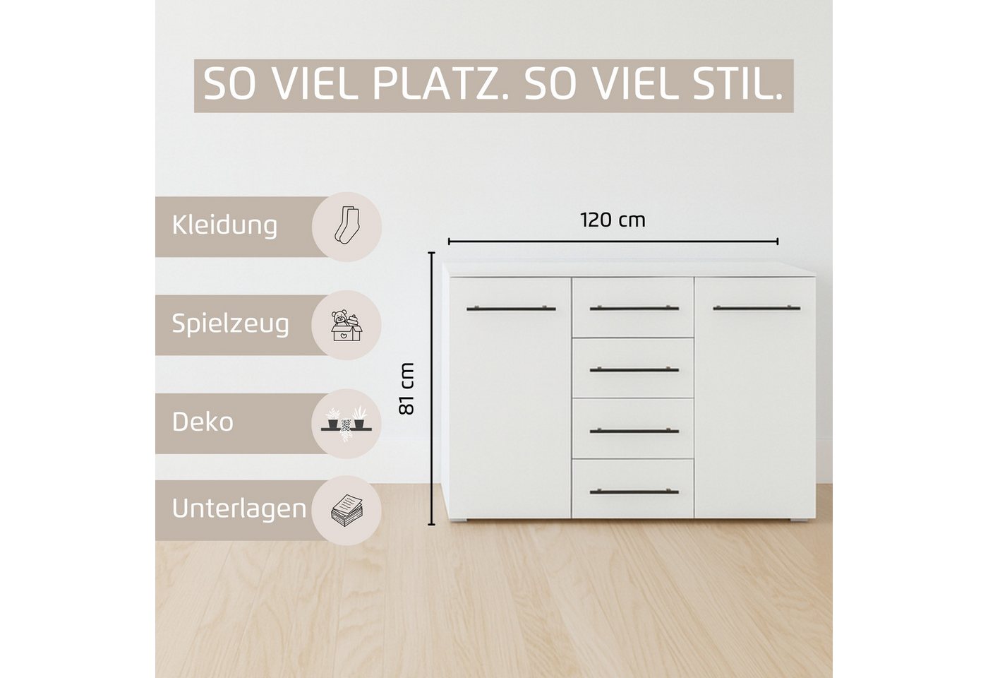 OTTO home Kombikommode Highboard Sideboard Schubladenkommode Kommode Schlafzimmer AVOLA (Breite 120 cm inkl. SOFT-CLOSE-FUNKTION mit Dekorfront), vier große Sch – Bild 3 von 5