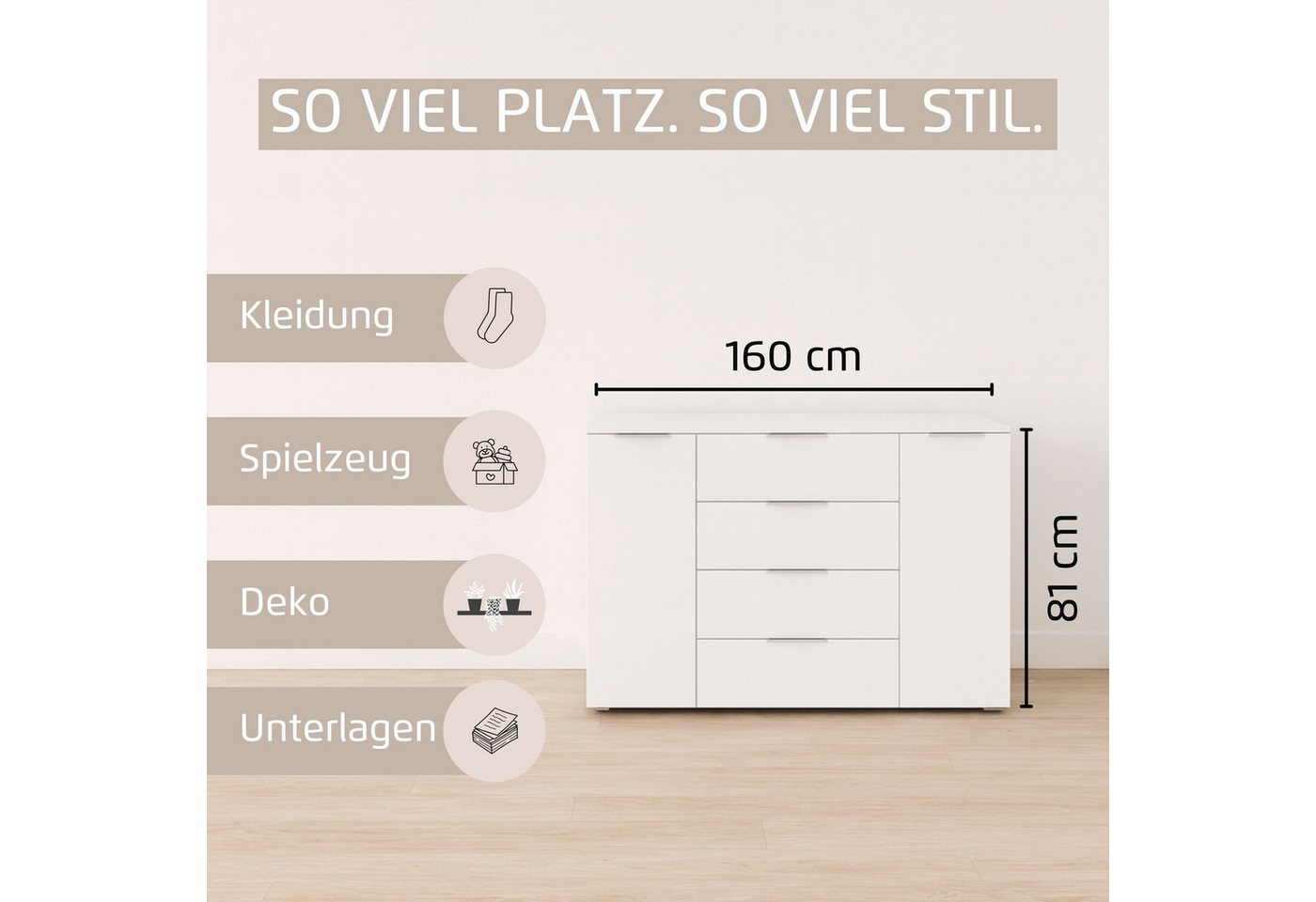OTTO home Kombikommode Kommode Sideboard Schubladenkommode Schlafzimmerkommode ASTANA (Breite 160 cm / Höhe 81 cm, mit 4 Einlegeböden), 2-türig, 4 geräumige Sch – Bild 4 von 5