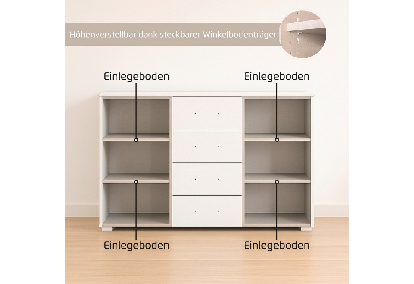 OTTO home Kombikommode Kommode Sideboard Schubladenkommode Schlafzimmerkommode ASTANA (Breite 160 cm / Höhe 81 cm, mit 4 Einlegeböden), 2-türig, 4 geräumige Sch – Bild 5 von 5