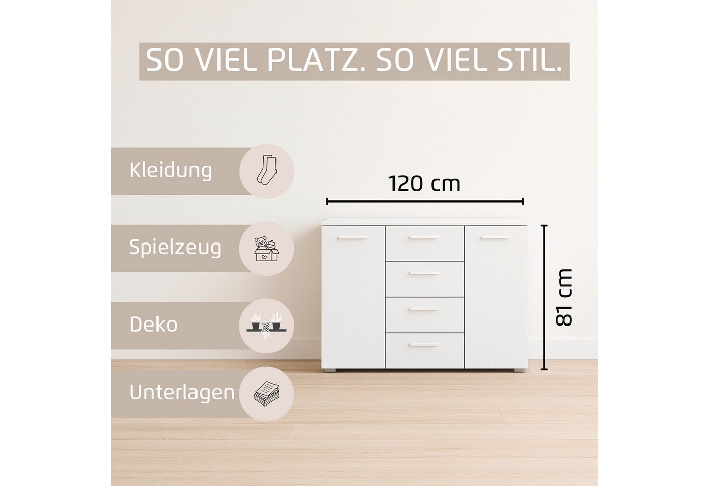OTTO home Kombikommode Kommode Sideboard Schubladenkommode Schlafzimmerkommode OTELI (Breite 120 cm inkl. SOFT-CLOSE-FUNKTION, mit moderner Dekor-Front), vier g – Bild 3 von 5