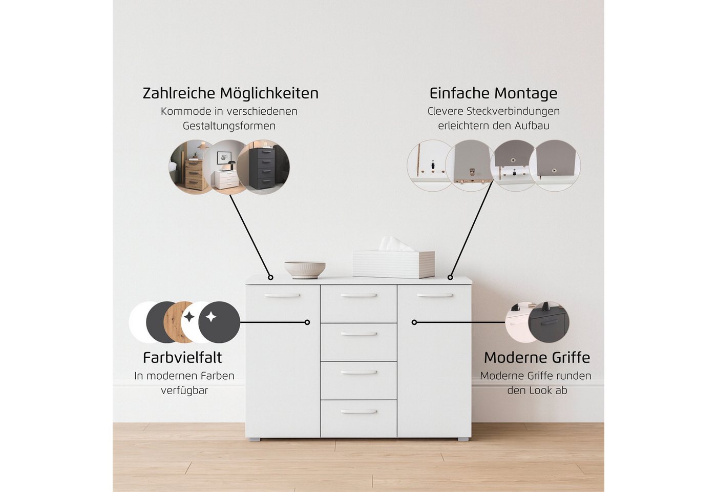 OTTO home Kombikommode Kommode Sideboard Schubladenkommode Schlafzimmerkommode OTELI (Breite 120 cm inkl. SOFT-CLOSE-FUNKTION, mit moderner Dekor-Front), vier g – Bild 4 von 5