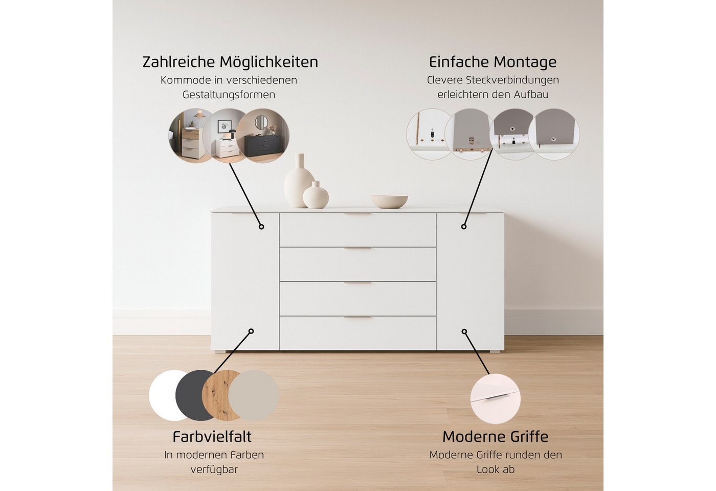 OTTO home Kombikommode Kommode Sideboard Schubladenkommode Schlafzimmerkommode ASTANA (Breite 160 cm / Höhe 81 cm, mit 4 Einlegeböden), 2-türig, 4 geräumige Sch – Bild 3 von 5