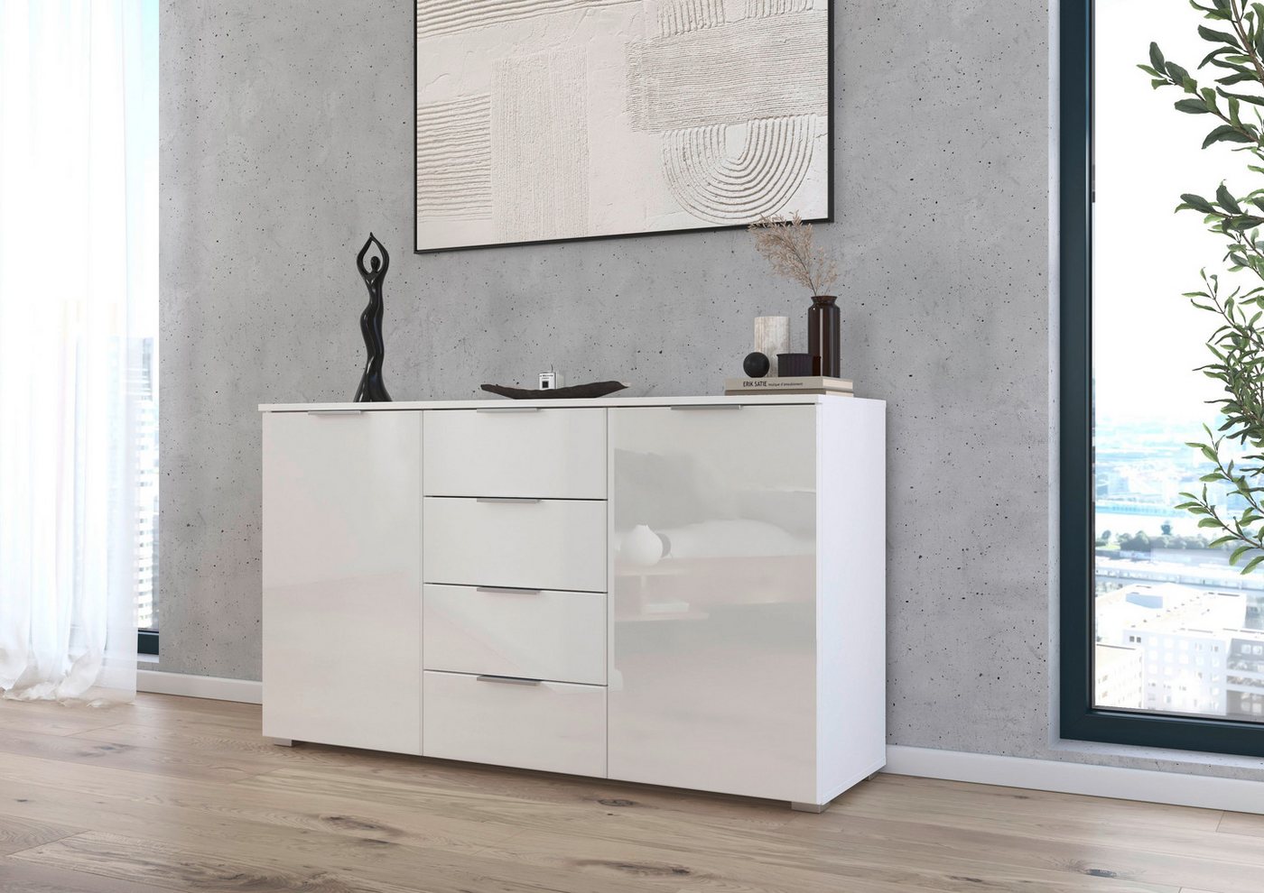 OTTO home Kombikommode Sideboard Kombikommode Schubladenkommode AGORDO mit Glasfront (in zwei Griff-Farben, Breite 120 cm), vier große Schubladen, mit insgesamt – Bild 2 von 5