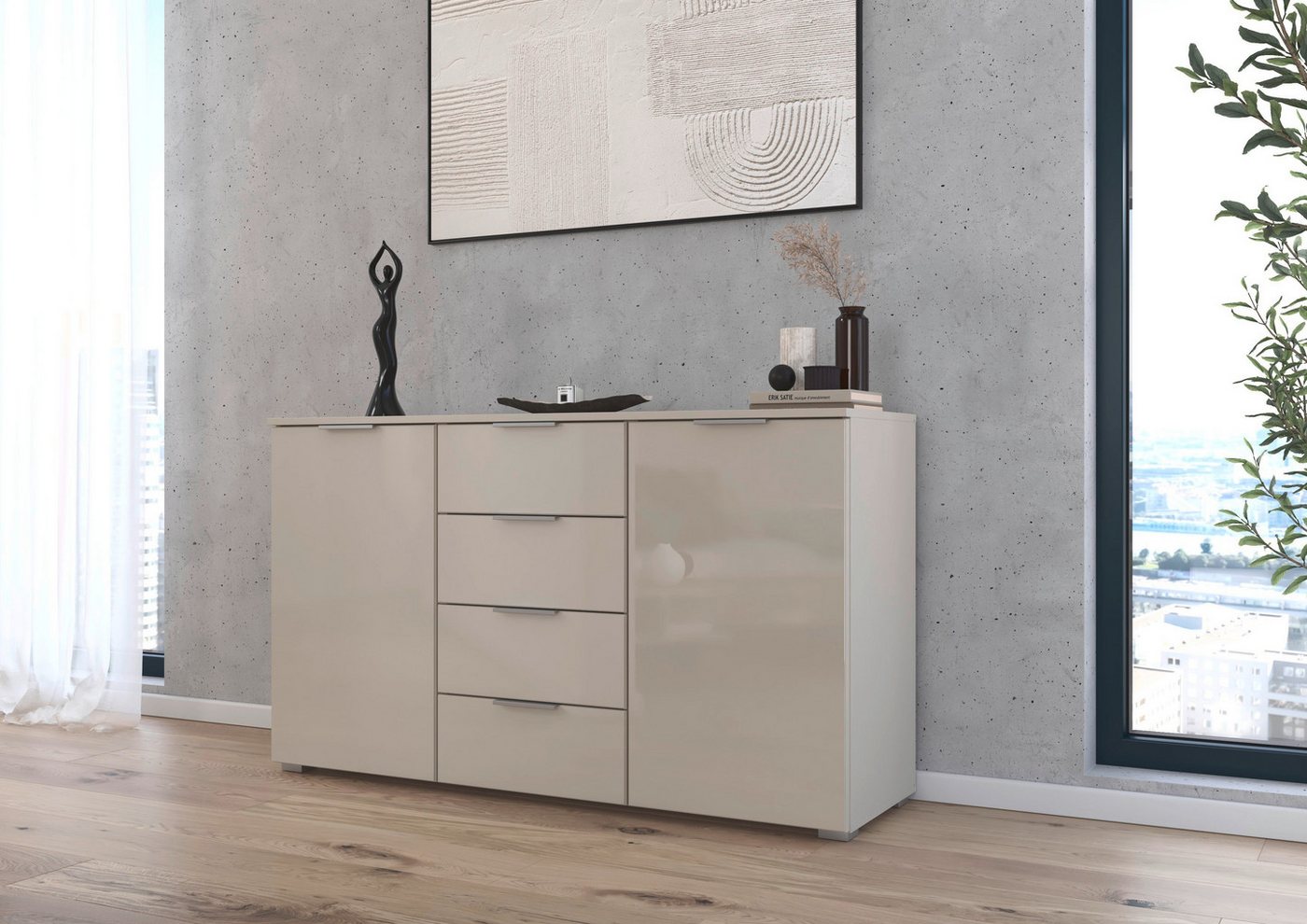 OTTO home Kombikommode Sideboard Kombikommode Schubladenkommode AGORDO mit Glasfront (in zwei Griff-Farben, Breite 120 cm), vier große Schubladen, mit insgesamt – Bild 2 von 5