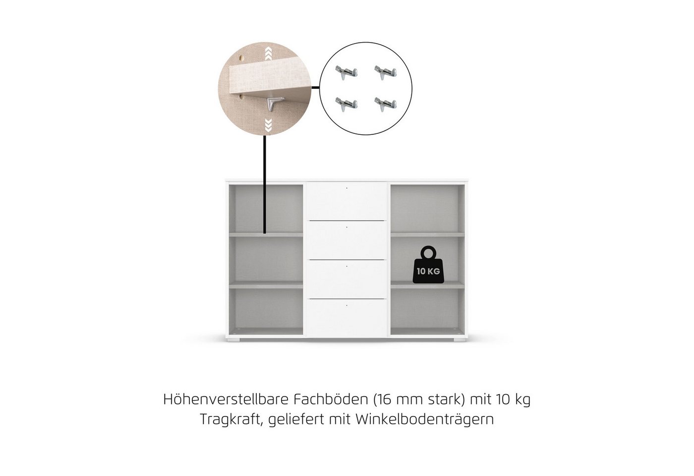 OTTO home Kombikommode Sideboard Kombikommode Schubladenkommode AGORDO mit Glasfront (in zwei Griff-Farben, Breite 120 cm), vier große Schubladen, mit insgesamt – Bild 4 von 5