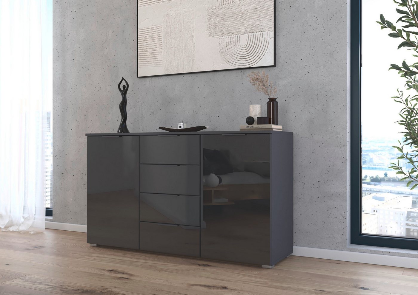 OTTO home Kombikommode Sideboard Kombikommode Schubladenkommode AGORDO mit Glasfront (in zwei Griff-Farben, Breite 120 cm), vier große Schubladen, mit insgesamt – Bild 2 von 5