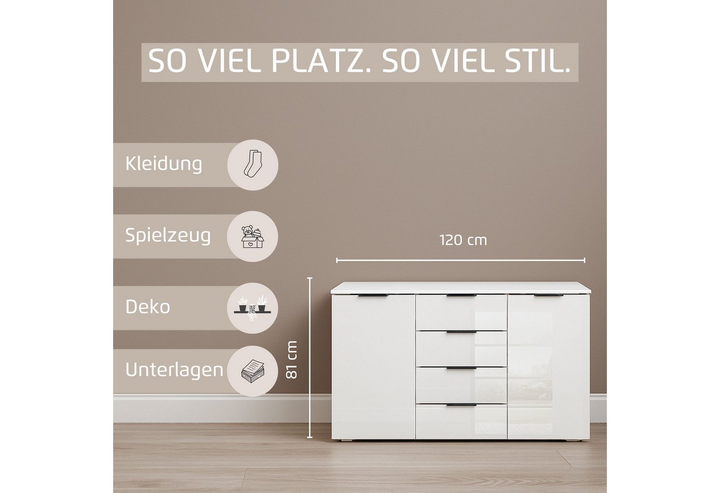 OTTO home Kombikommode Sideboard Kombikommode Schubladenkommode AGORDO mit Glasfront (in zwei Griff-Farben, Breite 120 cm), vier große Schubladen, mit insgesamt – Bild 5 von 5