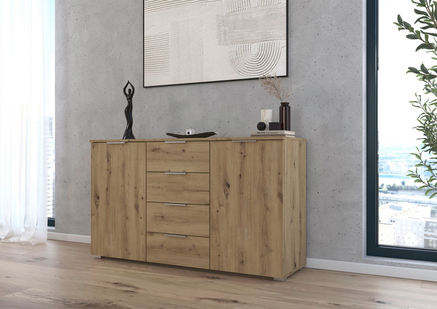 OTTO home Kombikommode Sideboard Schubladenkommode AGORDO mit Dekor- oder Hochglanzfront (in zwei Griff-Farben, Breite 120 cm), vier große Schubladen, mit insge – Bild 2 von 5