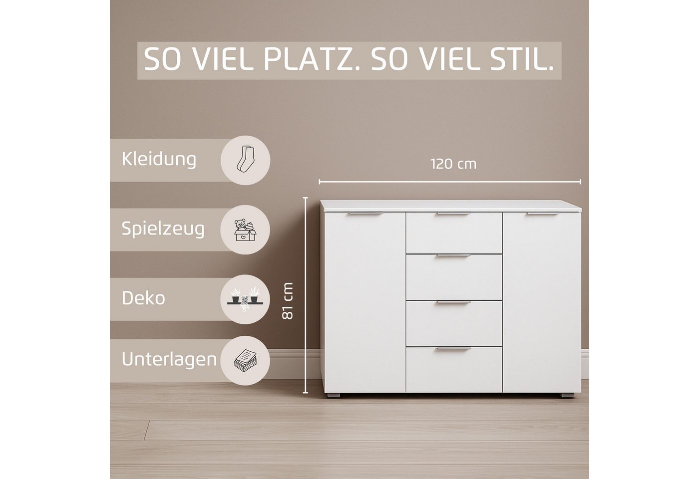 OTTO home Kombikommode Sideboard Schubladenkommode AGORDO mit Dekor- oder Hochglanzfront (in zwei Griff-Farben, Breite 120 cm), vier große Schubladen, mit insge – Bild 4 von 5