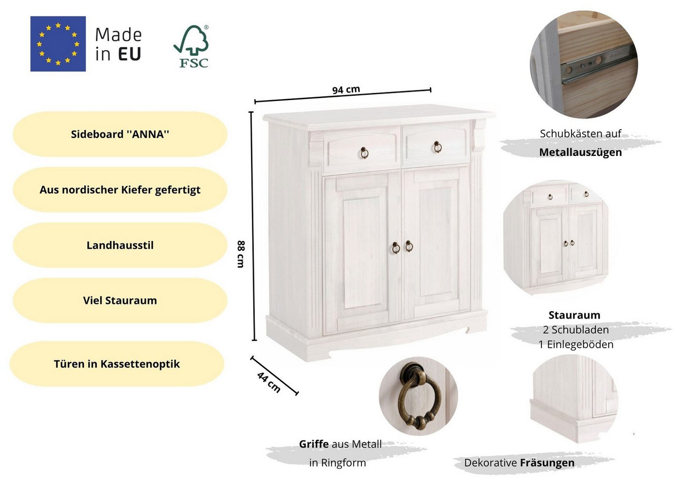 OTTO home Kommode Anna, Sideboard, Anrichte, Stauraumschrank (B/T/H: 94/40/88 cm), aus massiver Kiefer, Breite 94 cm, mit Kassettenoptik, FSC® – Bild 3 von 5