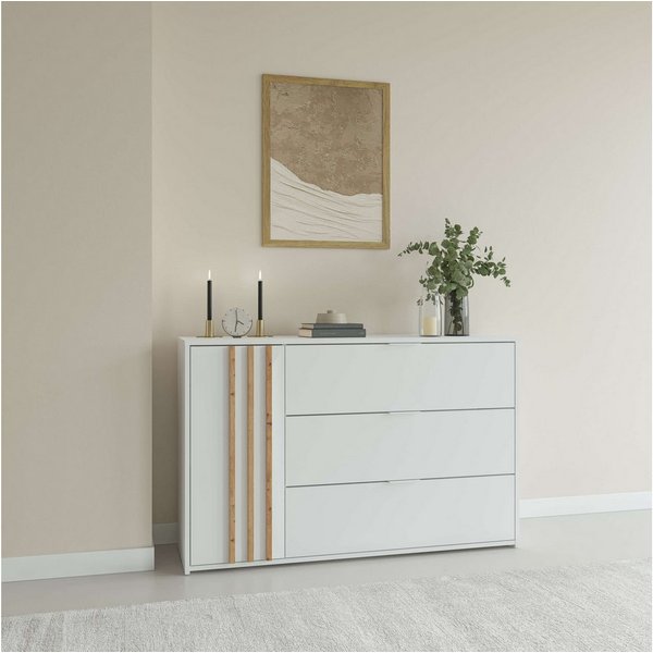 OTTO home Kommode Kommode Caleera mit Drehtür, 3 Schubladen und MDF-Lamellen, Kommode B/H/T 125/79,8/35 cm
