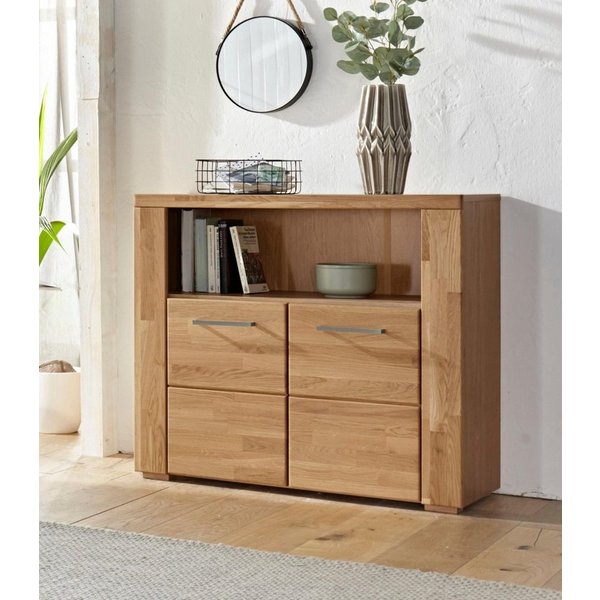 OTTO home Kommode Celle, 90cm breit, 35cm tief, Fronten Massivholz, Holz massiv, Holzwerkstoff, Metall Griffe,3 breite Fächer