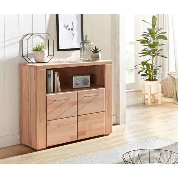 OTTO home Kommode Celle, 90cm breit, 35cm tief, Fronten Massivholz, Holz massiv, Holzwerkstoff, Metall Griffe,3 breite Fächer