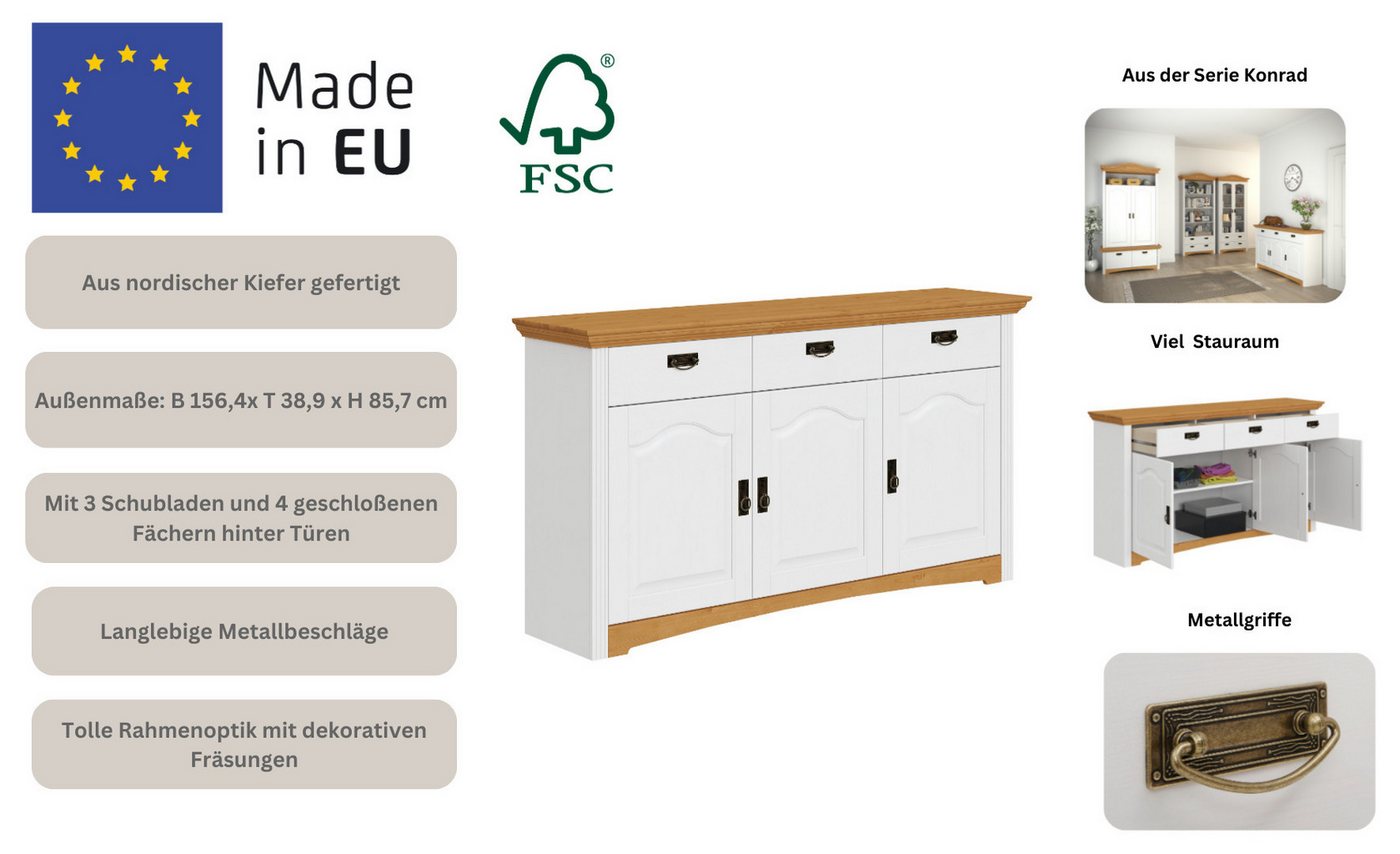 OTTO home Kommode Konrad, aus massiver Kiefer, Breite 156 cm, mit Schubladen, FSC® – Bild 3 von 5